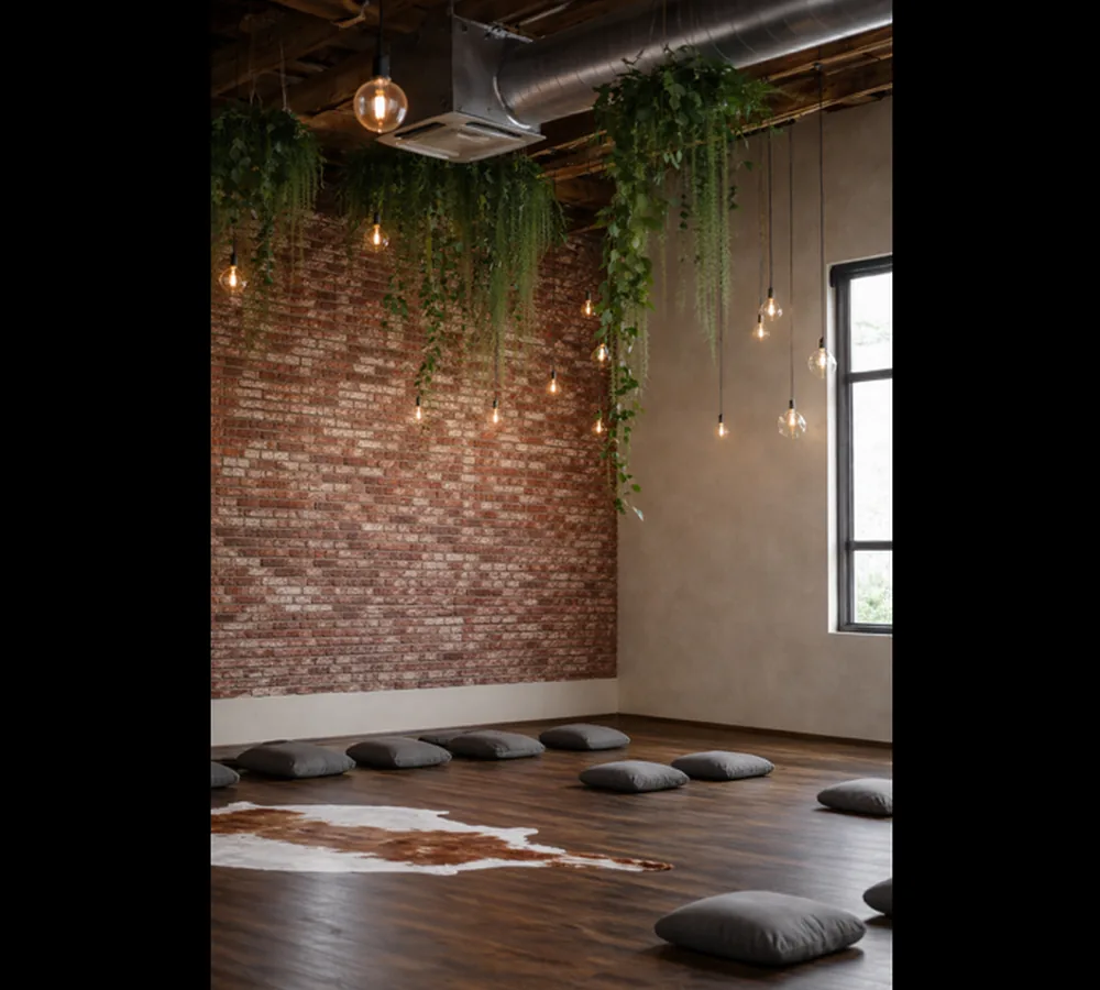 Inside the Élevé studio — exposed brick, warm light, and greenery